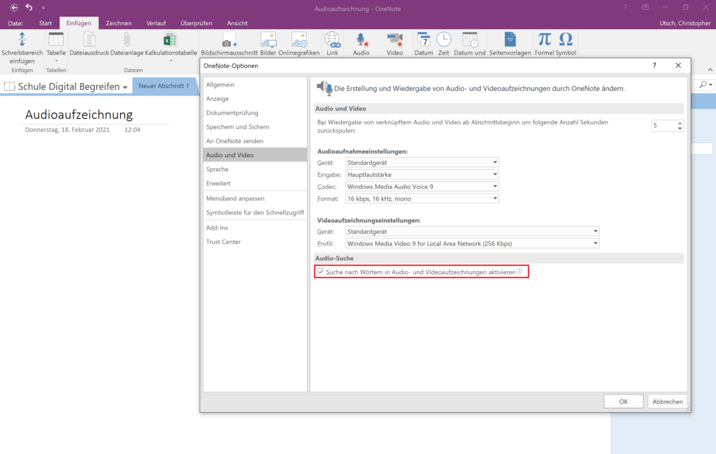 Screenshot der Audio-Suche in OneNote