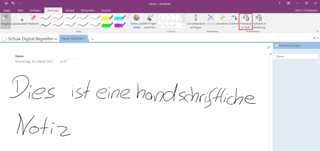 Screenshot von OneNote mit Handschrift
