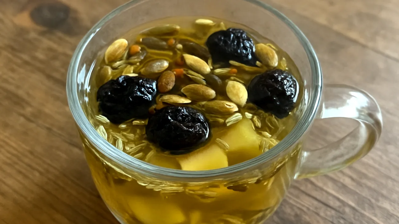 Fenchel-Ingwer-Tee mit gerösteten Kürbiskernen und Pflaumen"