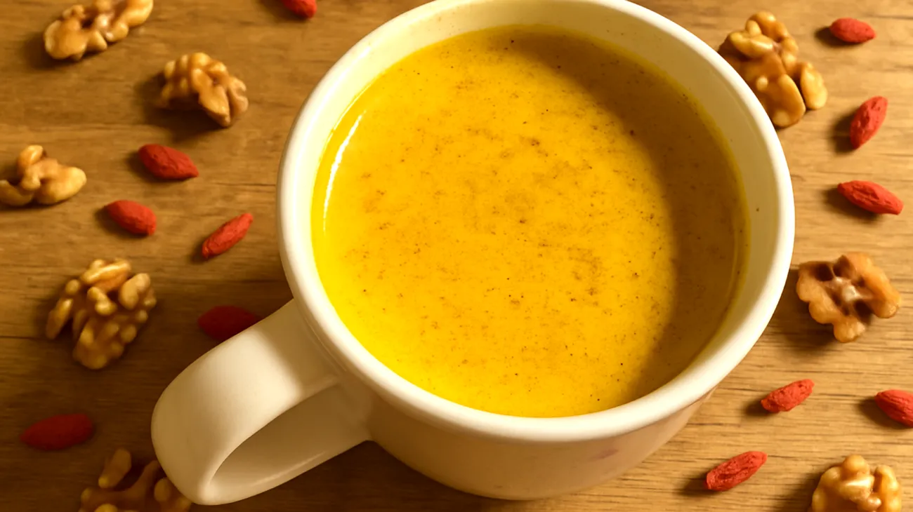 Goldene Milch mit Walnüssen und Goji-Beeren (Kurkuma-Latte mit Nuss-Beeren-Mix)"