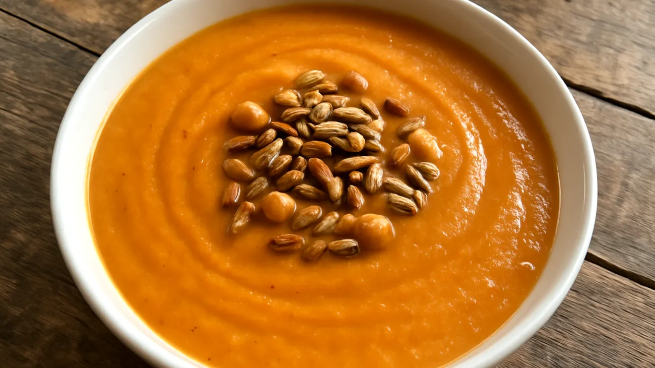 Kichererbsen-Kürbis-Suppe mit gerösteten Sonnenblumenkernen"