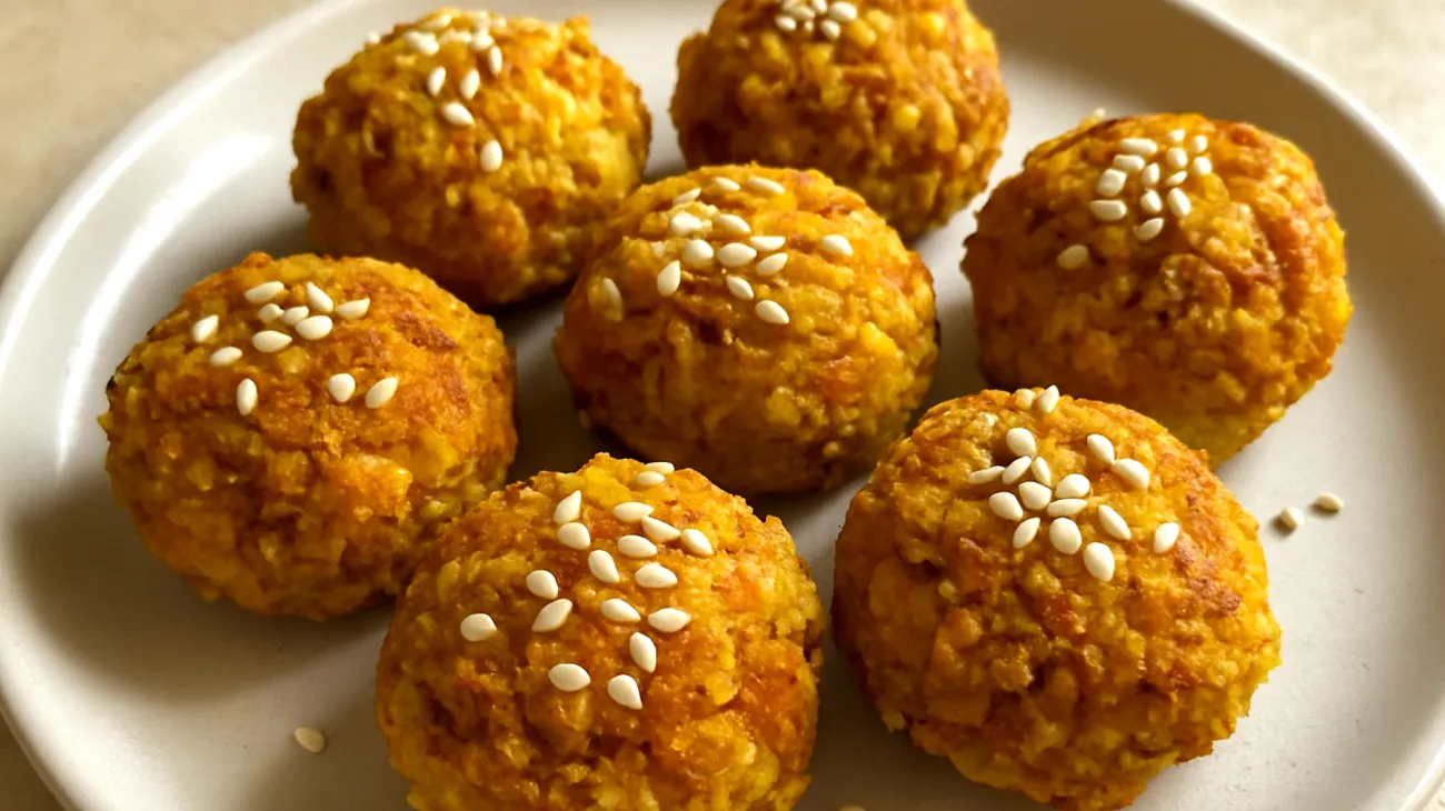 Kichererbsen-Mandel-Bällchen mit Kurkuma und Sesam"
